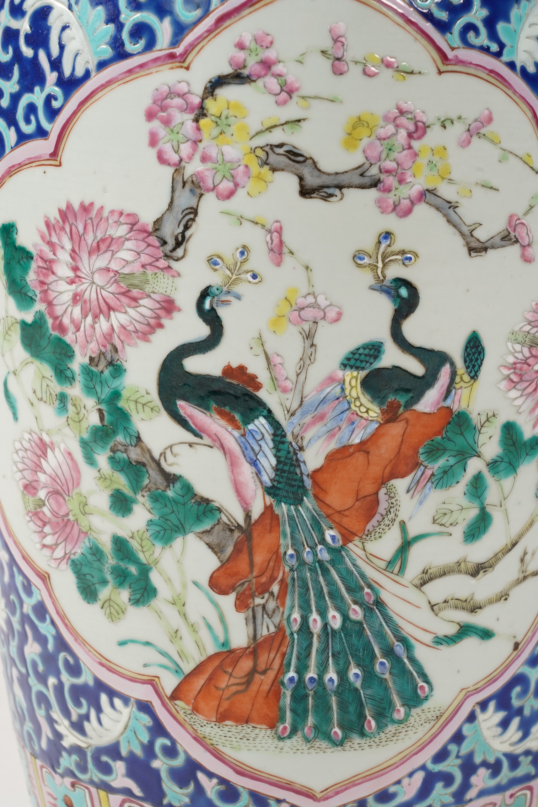 A tall Chinese famille rose ‘phoenix and peacock’ vase, late 19th century